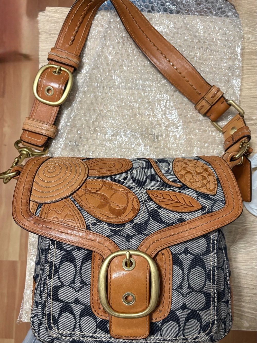 Coach Navy Signature Canvas Shoulder Bag with Tan Leather Appliqué